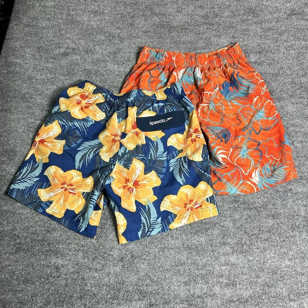 Speedo Swim Trunks Lot (2) Boy's M Blue‎ Orange Tropical Print